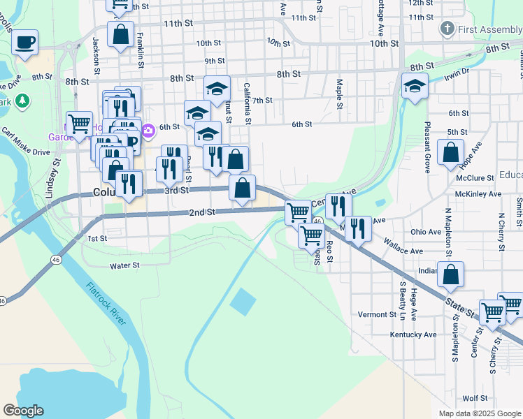 map of restaurants, bars, coffee shops, grocery stores, and more near 201 Vollmer Street in Columbus