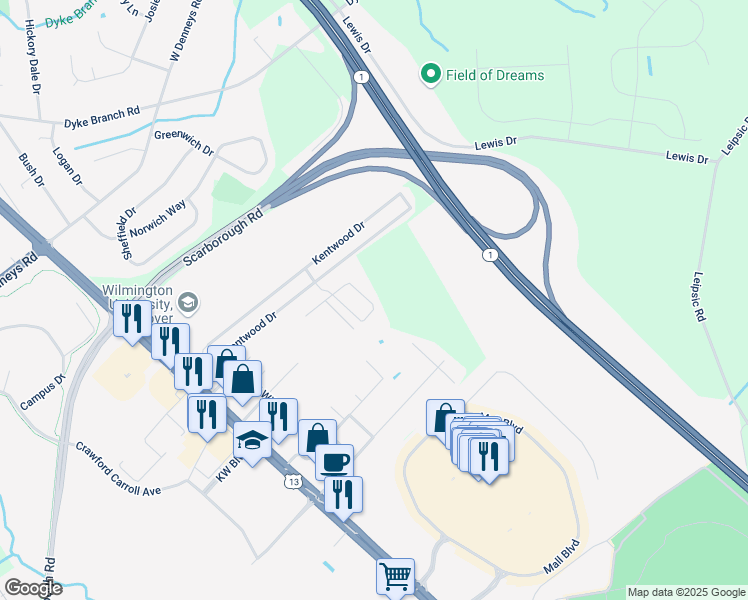 map of restaurants, bars, coffee shops, grocery stores, and more near 447 Phoenix Drive in Dover