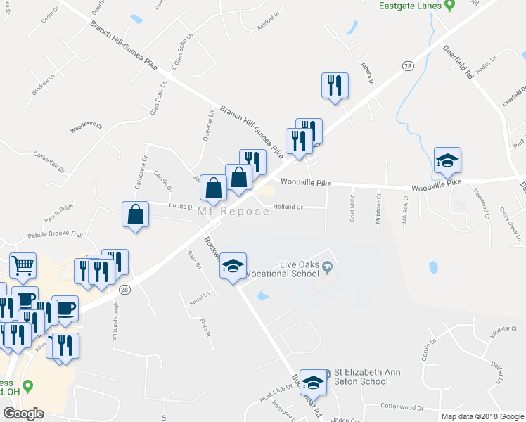 map of restaurants, bars, coffee shops, grocery stores, and more near 1259 Holland Drive in Milford