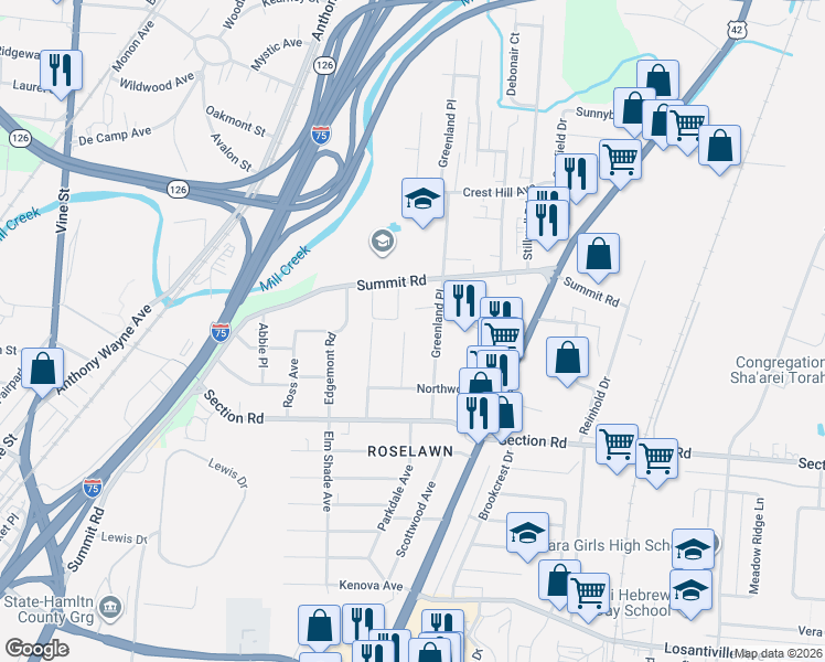 map of restaurants, bars, coffee shops, grocery stores, and more near 1600 Summit Road in Cincinnati