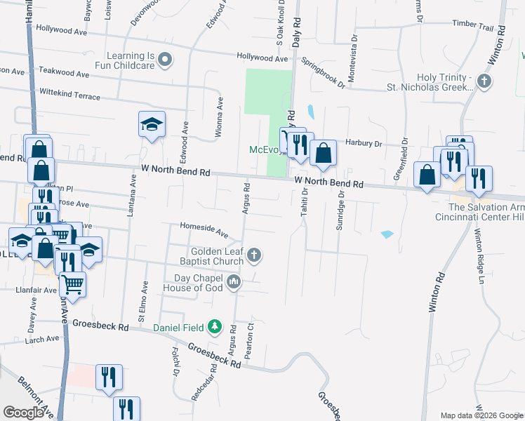 map of restaurants, bars, coffee shops, grocery stores, and more near 1083 Loiska Lane in Cincinnati