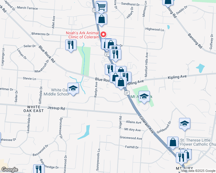 map of restaurants, bars, coffee shops, grocery stores, and more near 2825 Blue Rock Road in Cincinnati