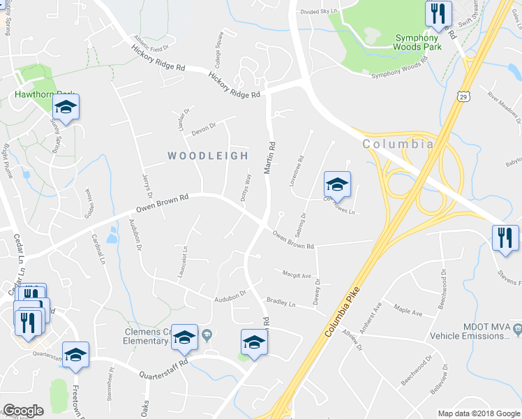 map of restaurants, bars, coffee shops, grocery stores, and more near 6276 Martin Road in Columbia
