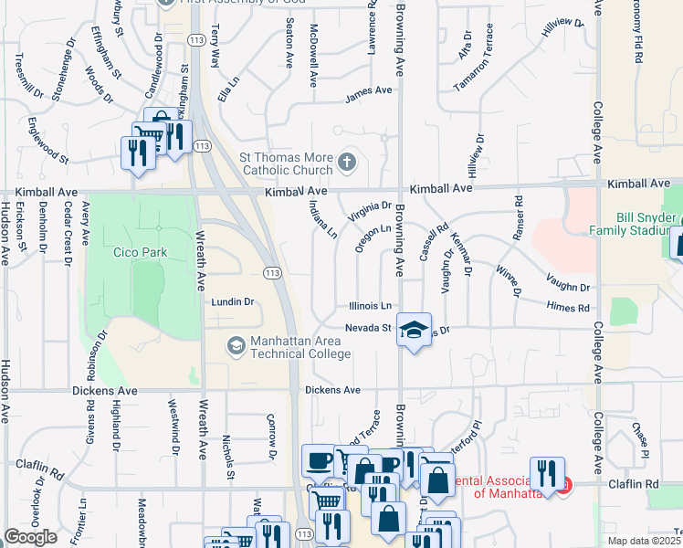 map of restaurants, bars, coffee shops, grocery stores, and more near 1824 Virginia Drive in Manhattan