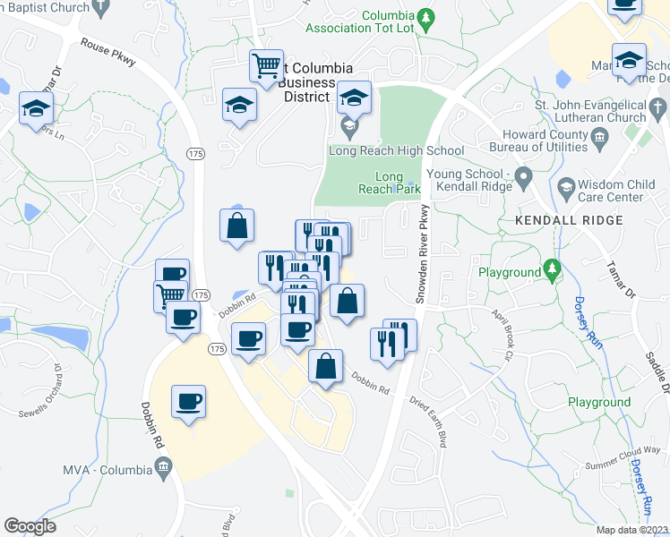 map of restaurants, bars, coffee shops, grocery stores, and more near 6181 Old Dobbin Lane in Columbia