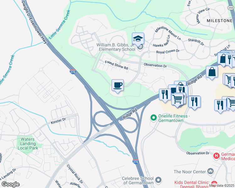 map of restaurants, bars, coffee shops, grocery stores, and more near 12410 Milestone Center Drive in Germantown