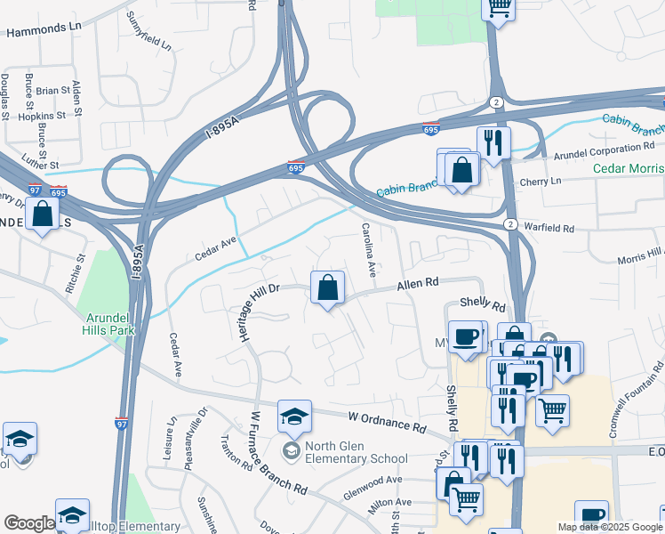 map of restaurants, bars, coffee shops, grocery stores, and more near 6456 Washington Square in Glen Burnie