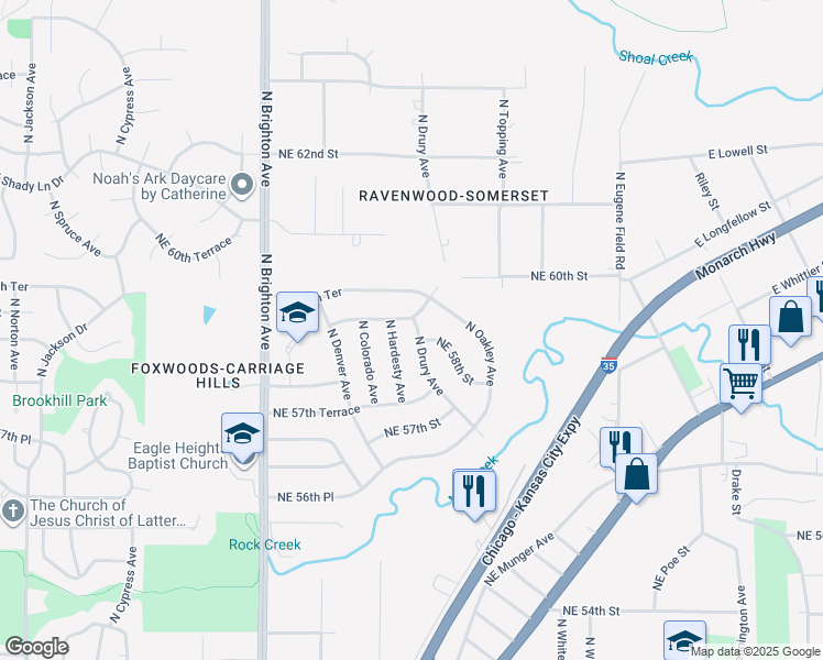 map of restaurants, bars, coffee shops, grocery stores, and more near 5821 North Drury Avenue in Kansas City