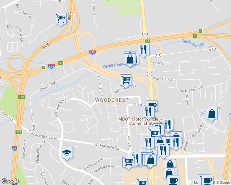 map of restaurants, bars, coffee shops, grocery stores, and more near 102 Warwickshire Lane in Glen Burnie