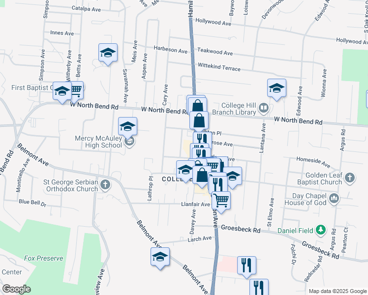 map of restaurants, bars, coffee shops, grocery stores, and more near 6035 Budmar Avenue in Cincinnati