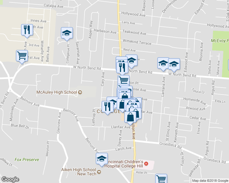 map of restaurants, bars, coffee shops, grocery stores, and more near 6035 Budmar Avenue in Cincinnati