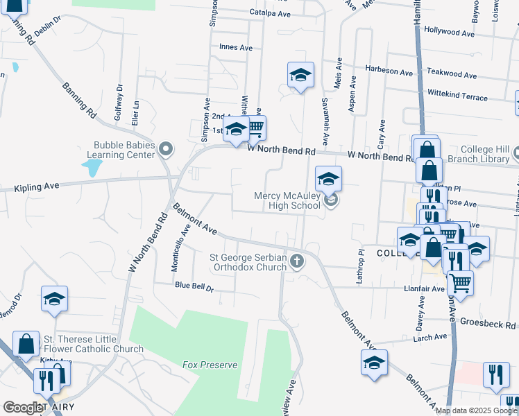 map of restaurants, bars, coffee shops, grocery stores, and more near 6017 Pawnee Drive in Cincinnati