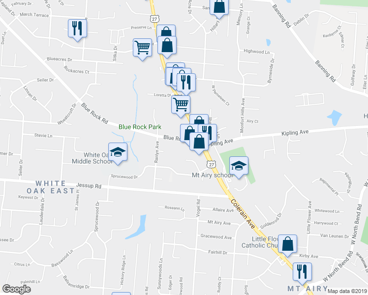 map of restaurants, bars, coffee shops, grocery stores, and more near 2825 Blue Rock Road in Cincinnati
