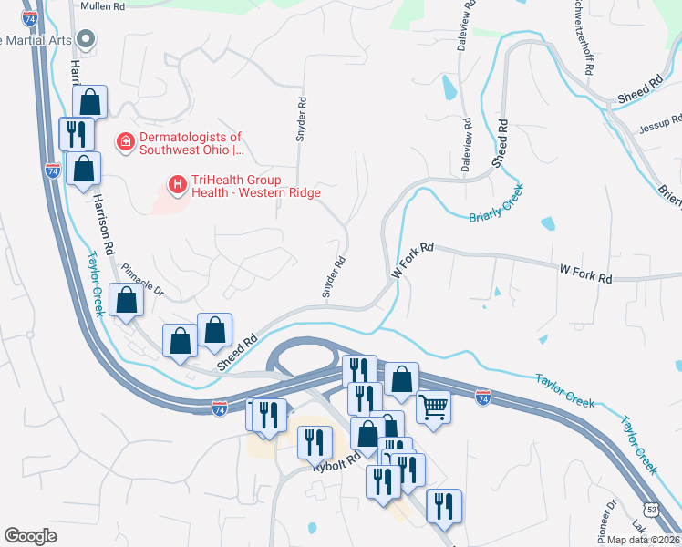map of restaurants, bars, coffee shops, grocery stores, and more near 5766 Snyder Road in Cincinnati