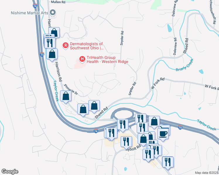 map of restaurants, bars, coffee shops, grocery stores, and more near 6765 Towering Ridge Way in Cincinnati
