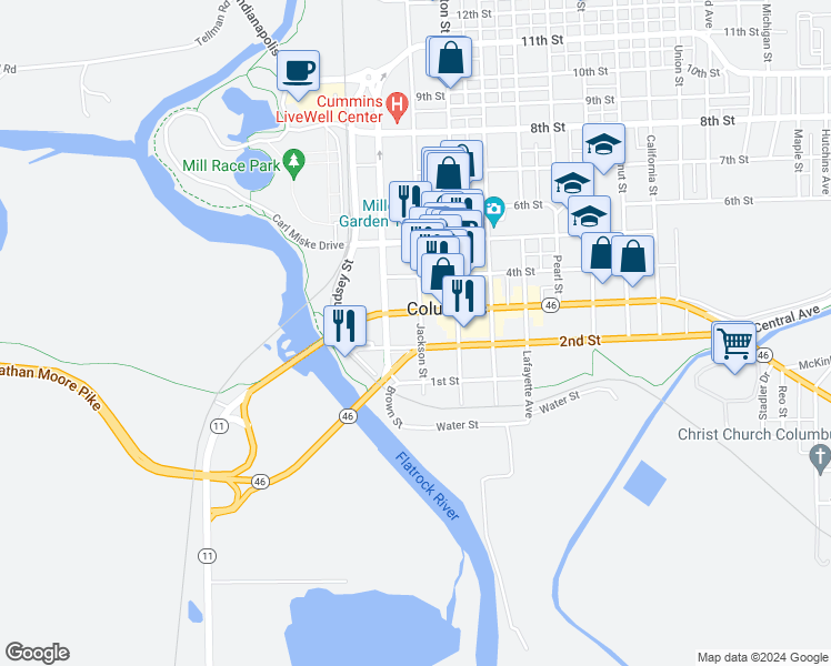 map of restaurants, bars, coffee shops, grocery stores, and more near 203 3rd Street in Columbus