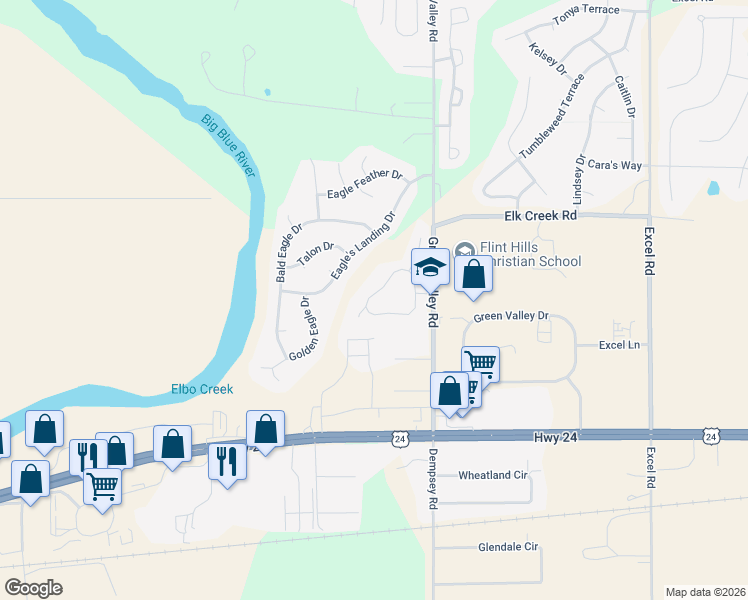 map of restaurants, bars, coffee shops, grocery stores, and more near 3896 Fox Ridge Drive in Manhattan