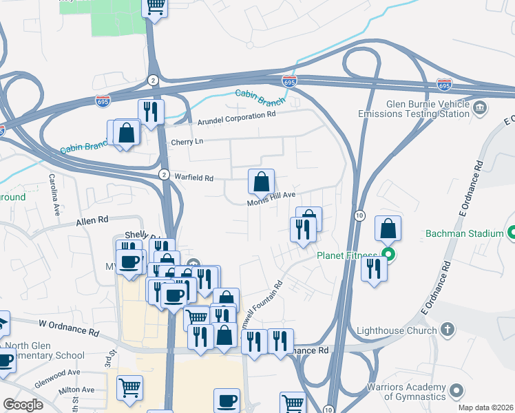 map of restaurants, bars, coffee shops, grocery stores, and more near 299 Morris Hill Avenue in Glen Burnie