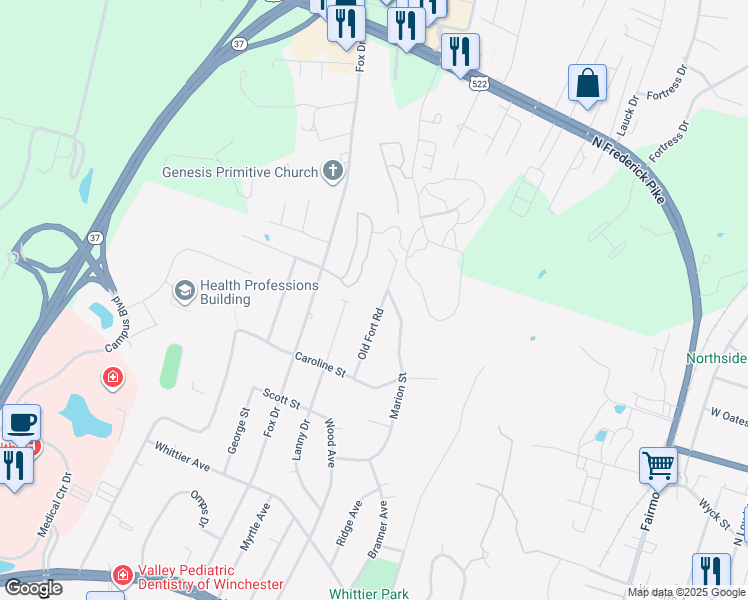 map of restaurants, bars, coffee shops, grocery stores, and more near 541 Old Fort Road in Winchester