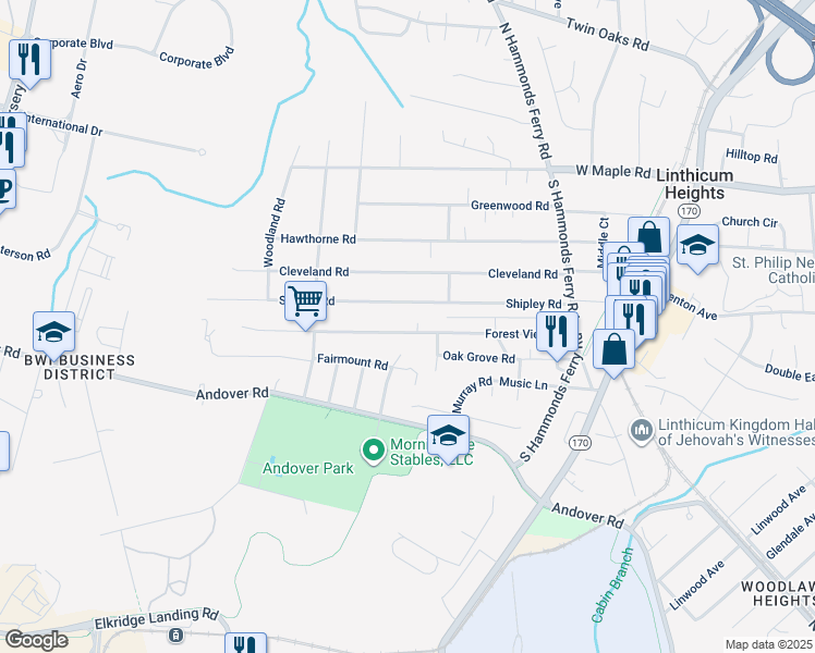 map of restaurants, bars, coffee shops, grocery stores, and more near 536 Forest View Road in Linthicum Heights