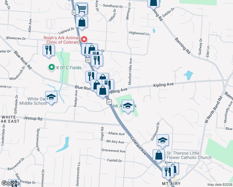 map of restaurants, bars, coffee shops, grocery stores, and more near 2627 Kipling Avenue in Cincinnati