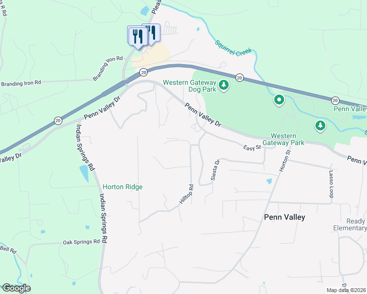 map of restaurants, bars, coffee shops, grocery stores, and more near 18750 Hilltop Road in Penn Valley
