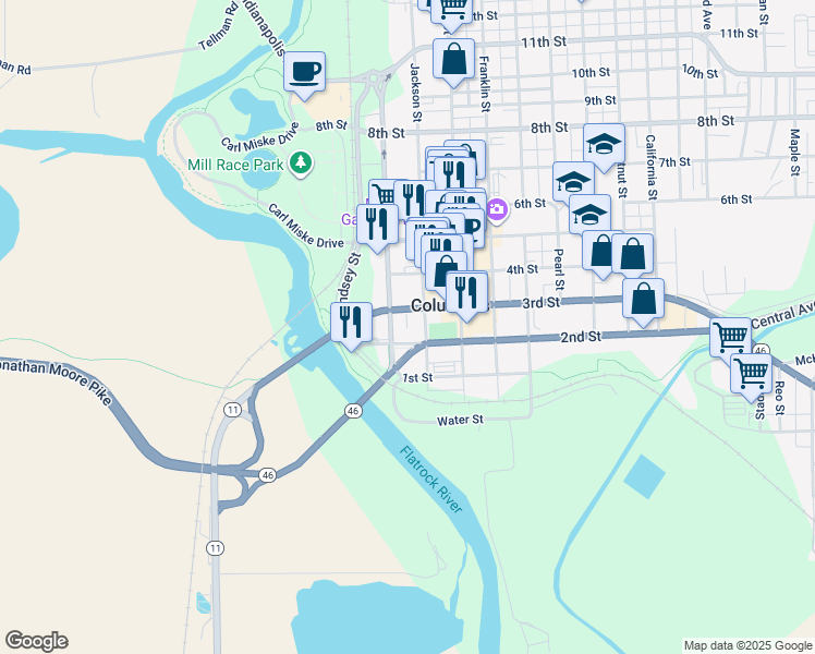 map of restaurants, bars, coffee shops, grocery stores, and more near 200 Jackson Street in Columbus
