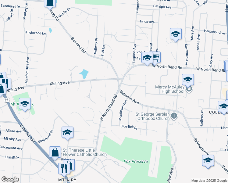 map of restaurants, bars, coffee shops, grocery stores, and more near 2208 West North Bend Road in Cincinnati