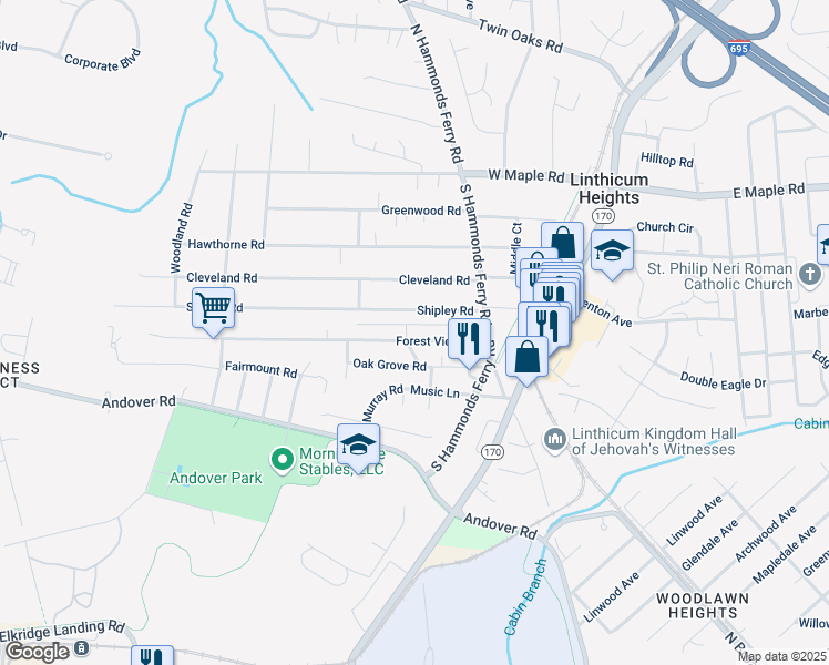 map of restaurants, bars, coffee shops, grocery stores, and more near 426 Forest View Road in Linthicum Heights