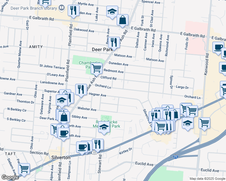 map of restaurants, bars, coffee shops, grocery stores, and more near 4255 Orchard Lane in Cincinnati