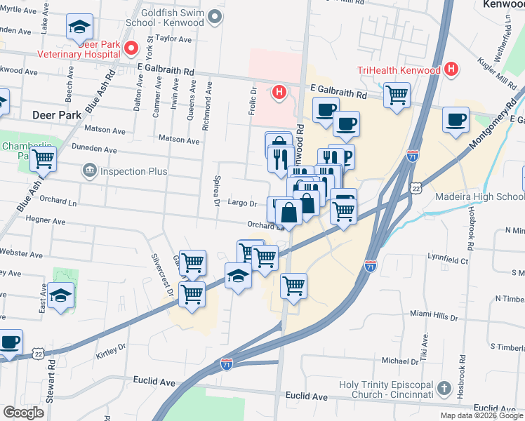 map of restaurants, bars, coffee shops, grocery stores, and more near 4681 Largo Drive in Cincinnati