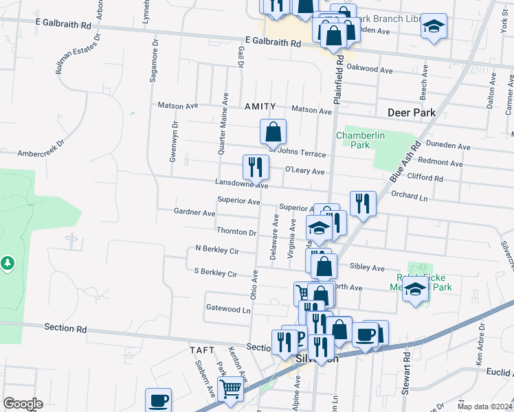 map of restaurants, bars, coffee shops, grocery stores, and more near 3833 Superior Avenue in Cincinnati