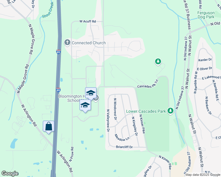 map of restaurants, bars, coffee shops, grocery stores, and more near 3811 North Kinser Pike in Bloomington