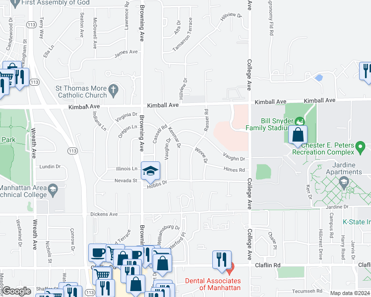 map of restaurants, bars, coffee shops, grocery stores, and more near 2509 Winne Drive in Manhattan