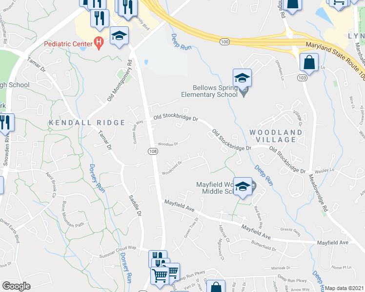 map of restaurants, bars, coffee shops, grocery stores, and more near 8109 Woodloo Drive in Ellicott City