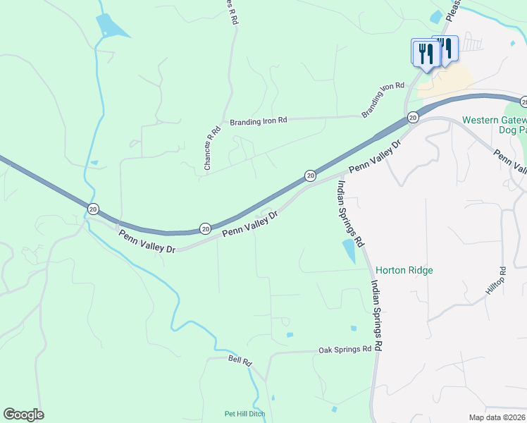 map of restaurants, bars, coffee shops, grocery stores, and more near 19664 Penn Valley Drive in Penn Valley