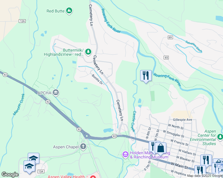 map of restaurants, bars, coffee shops, grocery stores, and more near 810 Cemetery Lane in Aspen