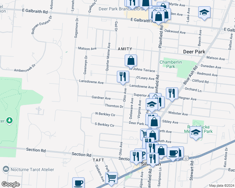 map of restaurants, bars, coffee shops, grocery stores, and more near 3833 Superior Avenue in Cincinnati