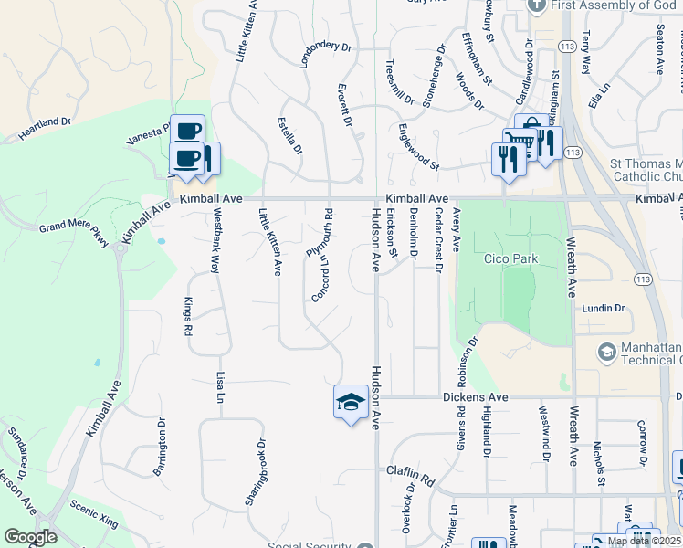map of restaurants, bars, coffee shops, grocery stores, and more near 1919 Crescent Drive in Manhattan
