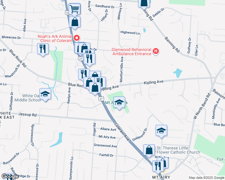 map of restaurants, bars, coffee shops, grocery stores, and more near 2615 Kipling Avenue in Cincinnati