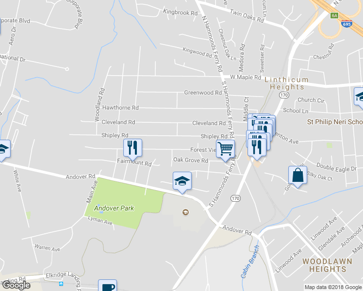 map of restaurants, bars, coffee shops, grocery stores, and more near 510 Forest View Road in Linthicum Heights