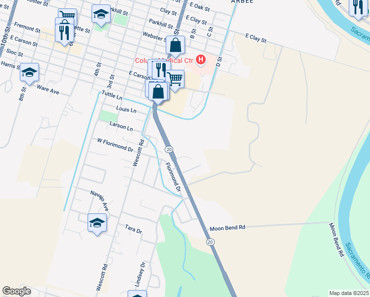map of restaurants, bars, coffee shops, grocery stores, and more near 1747 Highway 20 in Colusa