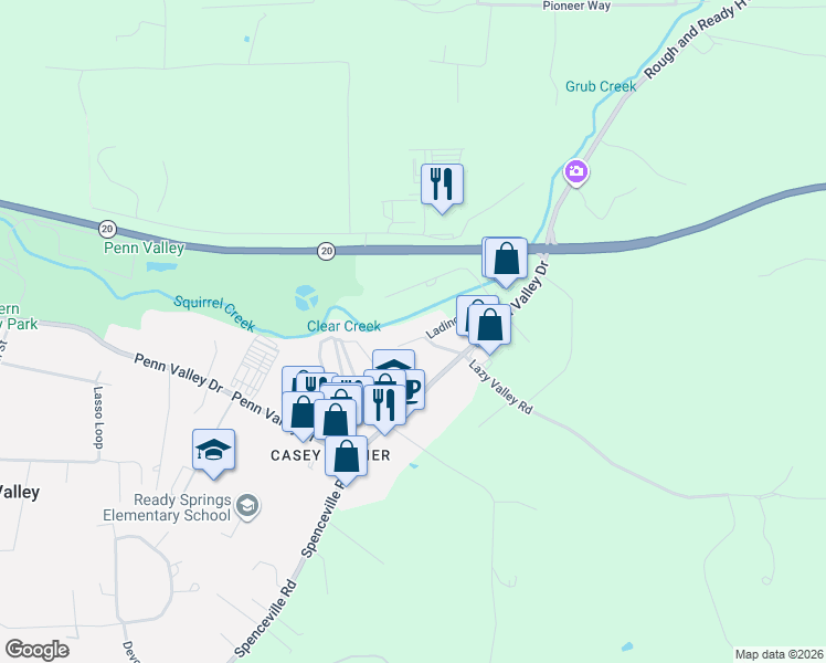 map of restaurants, bars, coffee shops, grocery stores, and more near 17204 Ladino Avenue in Penn Valley