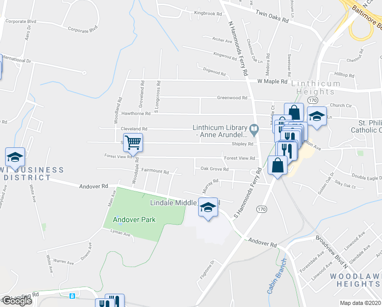 map of restaurants, bars, coffee shops, grocery stores, and more near 530 Forest View Road in Linthicum Heights