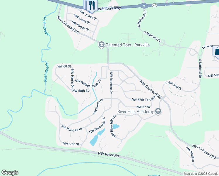 map of restaurants, bars, coffee shops, grocery stores, and more near 5804 Northwest Raintree Drive in Parkville