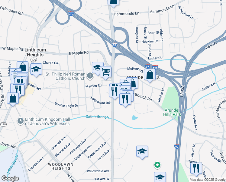 map of restaurants, bars, coffee shops, grocery stores, and more near 7432 Furnace Branch Road in Glen Burnie