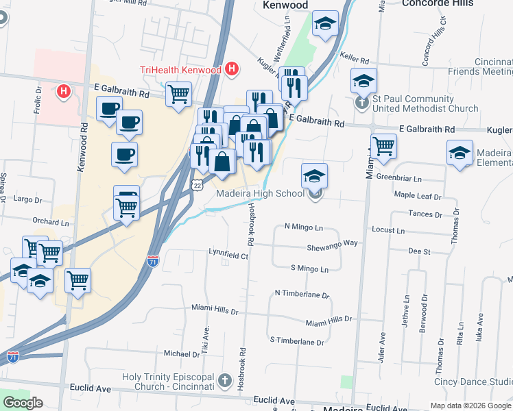 map of restaurants, bars, coffee shops, grocery stores, and more near 7800 Hosbrook Road in Cincinnati