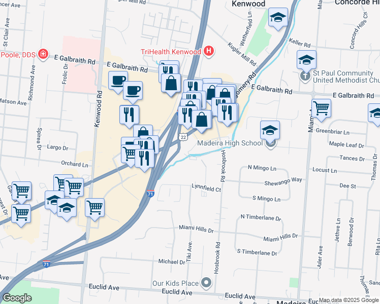 map of restaurants, bars, coffee shops, grocery stores, and more near 8010 Montgomery Road in Cincinnati