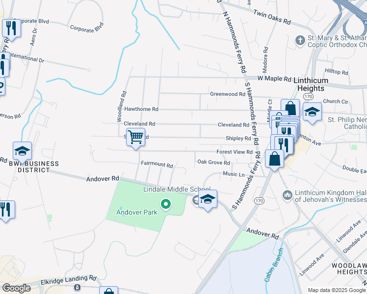 map of restaurants, bars, coffee shops, grocery stores, and more near 536 Forest View Road in Linthicum Heights