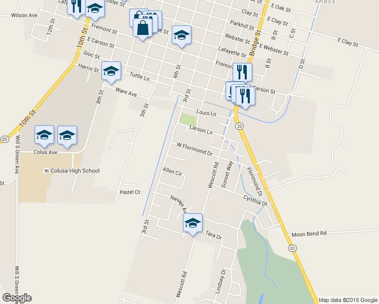 map of restaurants, bars, coffee shops, grocery stores, and more near 181 West Florimond Drive in Colusa